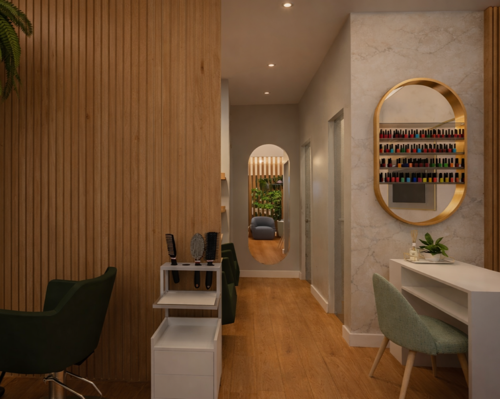 Corredor interno de salão de estética em Contagem com iluminação embutida e acabamento em madeira