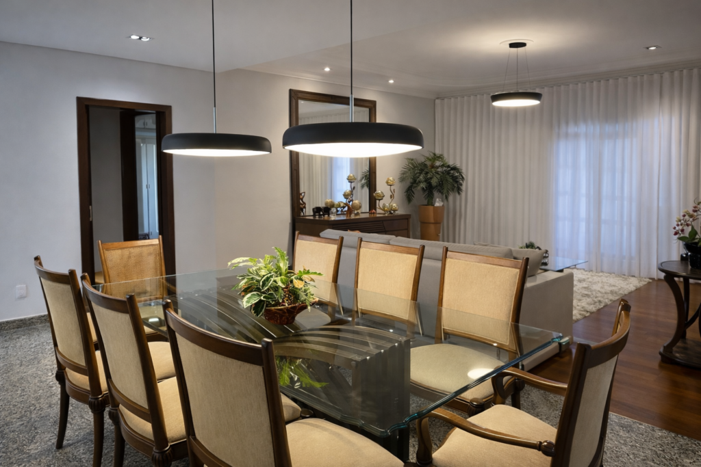 Sala de jantar de apartamento em Contagem com mesa de vidro e iluminação pendente moderna