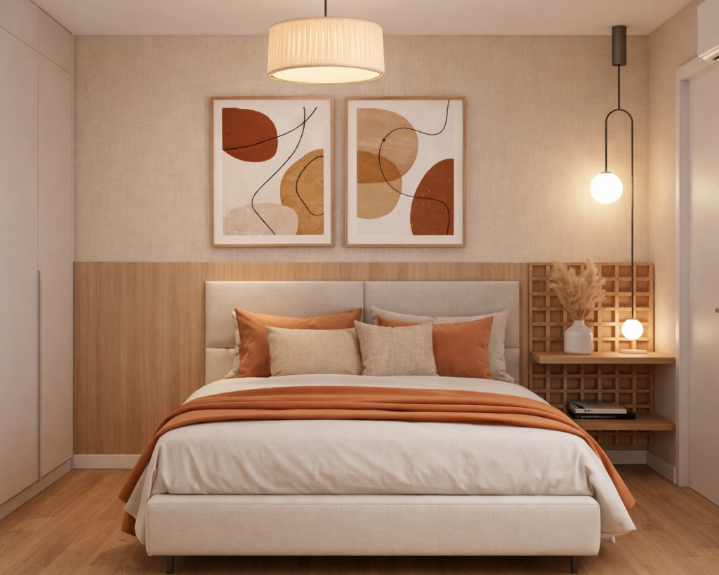 Quarto planejado em apartamento em Contagem com bancada de trabalho e painel para TV
