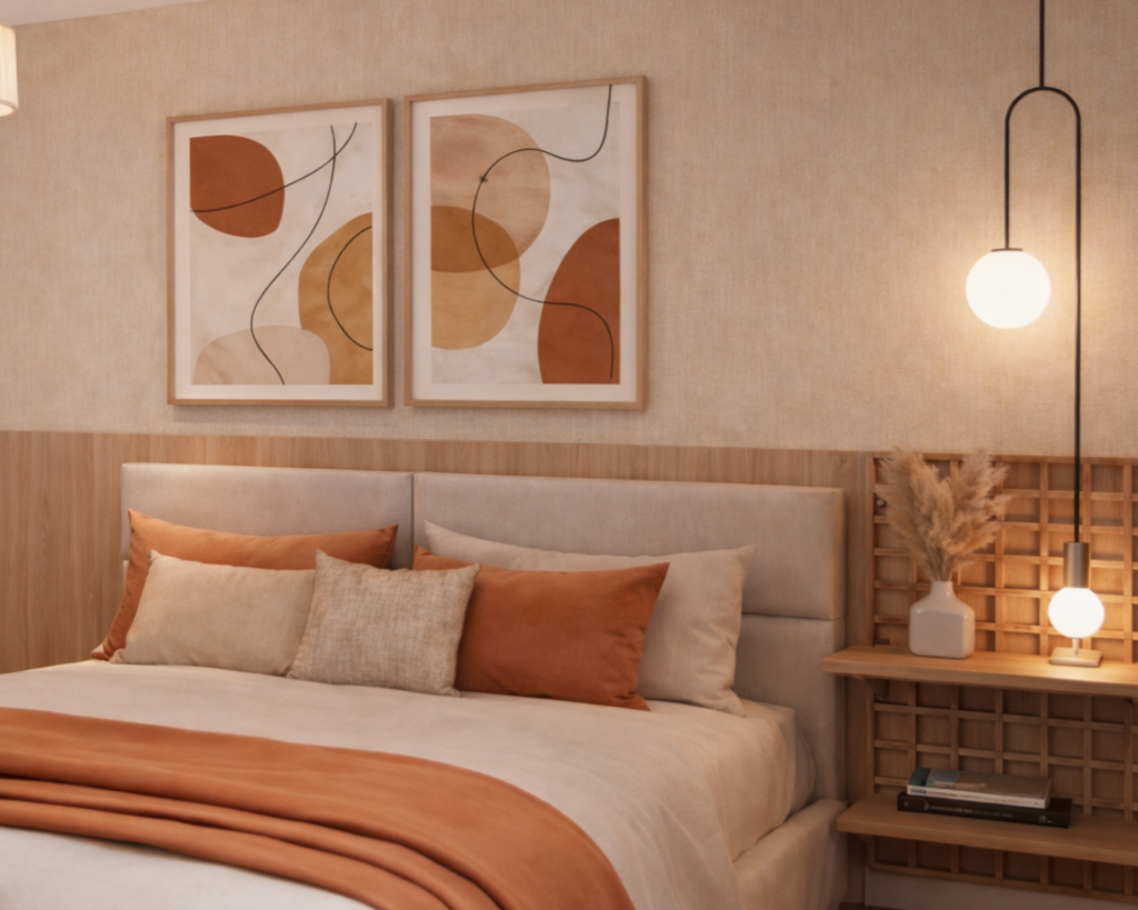 Quarto moderno em apartamento em Contagem no bairro Cabral com marcenaria e iluminação acolhedora