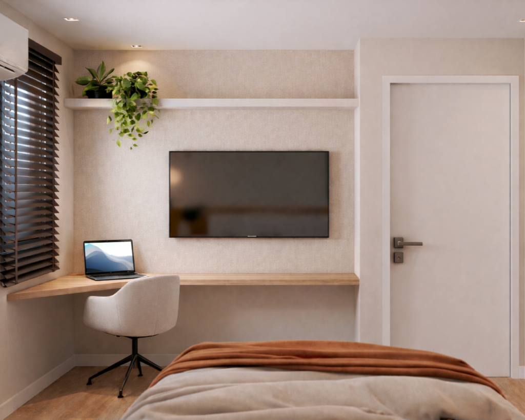 Quarto planejado em apartamento em Contagem com bancada de trabalho e painel para TV