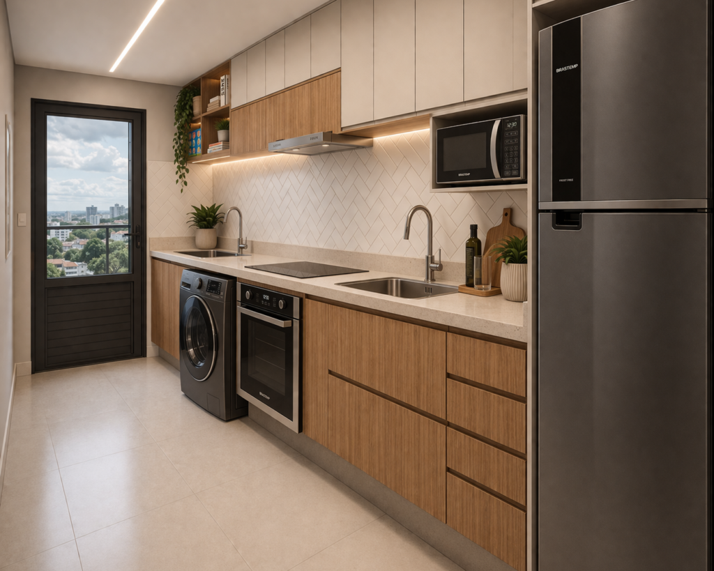 Cozinha planejada em apartamento em Contagem no bairro Eldorado com bancada funcional e armários sob medida