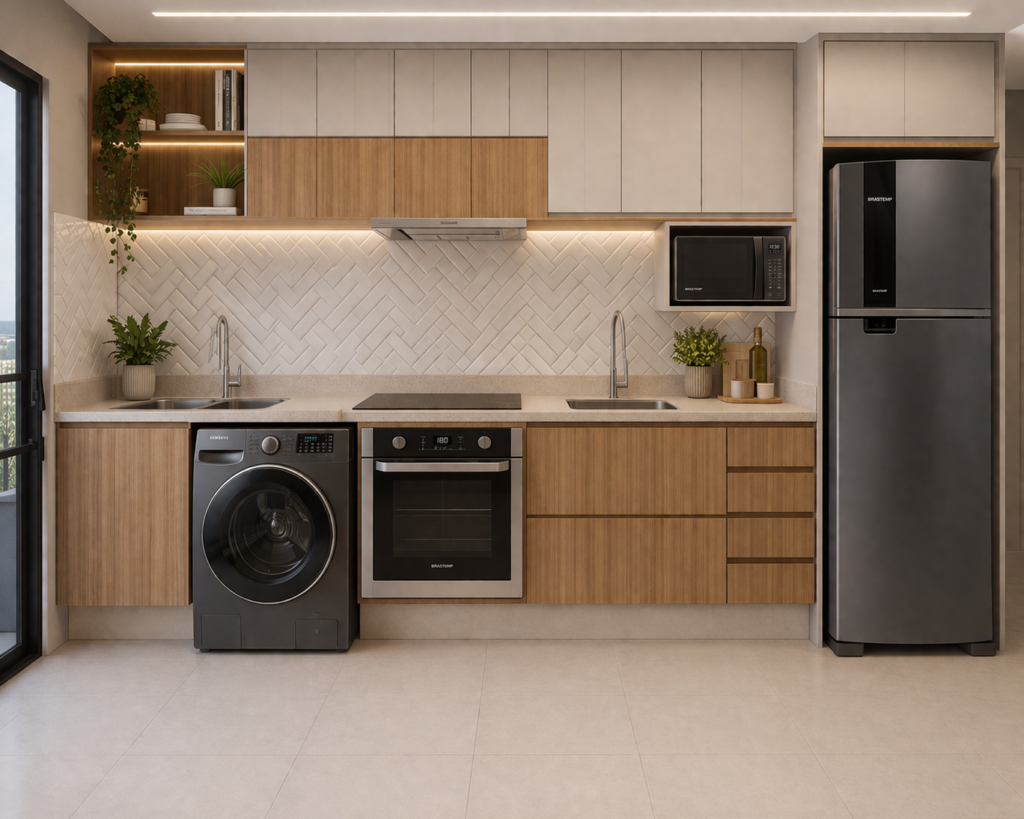 Cozinha completa em apartamento em Contagem no bairro Eldorado com eletrodomésticos embutidos e marcenaria moderna