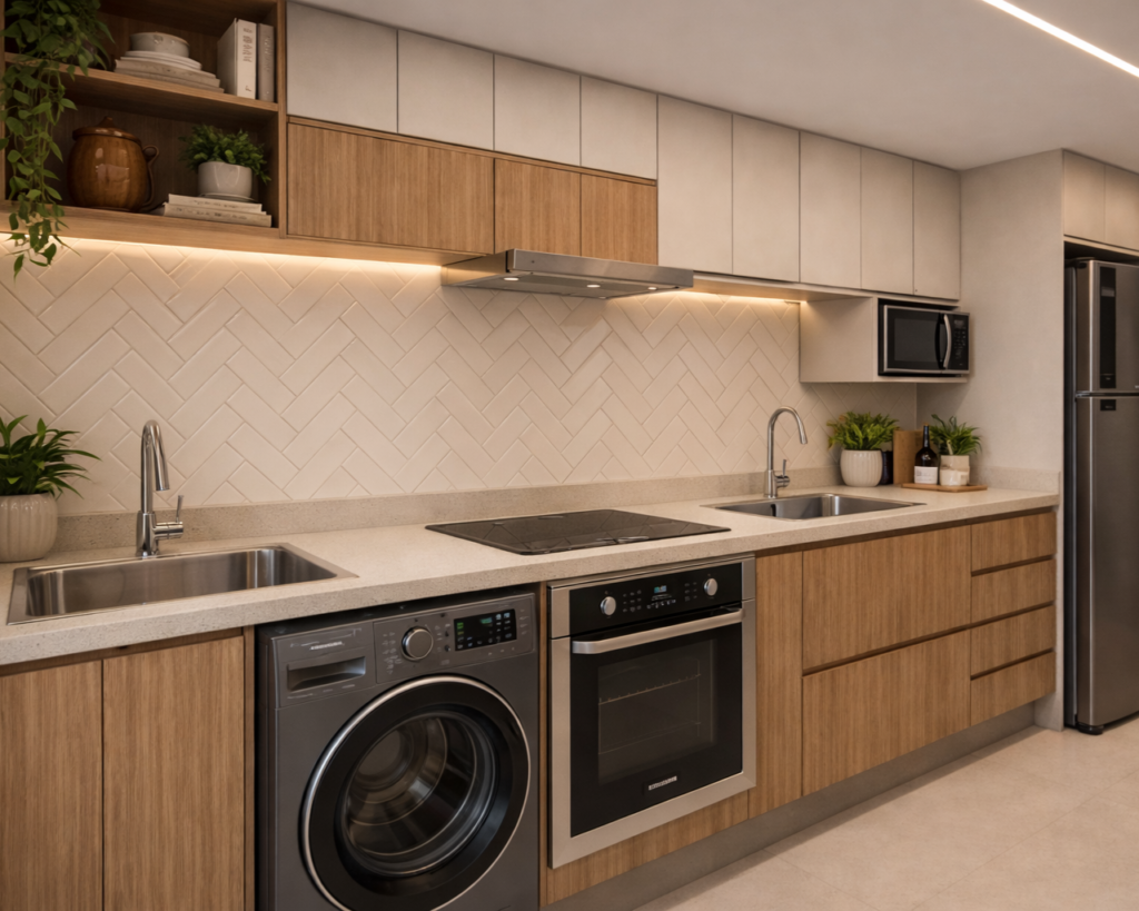 Cozinha integrada em apartamento em Contagem no bairro Eldorado com marcenaria amadeirada