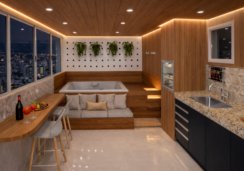 Ambiente integrado de cobertura em Contagem com área gourmet e cozinha funcional