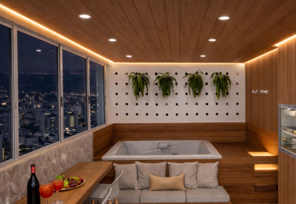 Área gourmet de cobertura em Contagem no bairro Inconfidentes com iluminação em LED e acabamento amadeirado