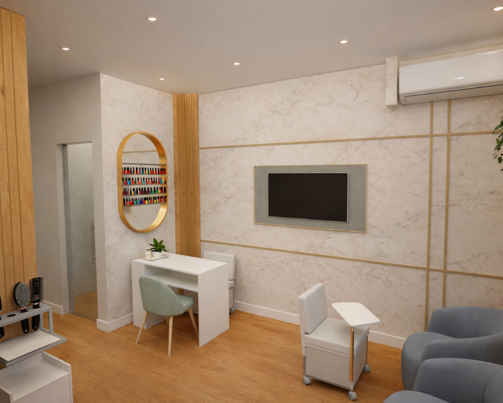 Projeto de salão de estética em Contagem com corredor interno, iluminação embutida e revestimentos em madeira e tons neutros.