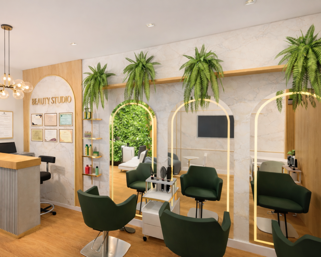Sala de atendimento em salão de estética em Contagem com bancada, espelho e iluminação suave