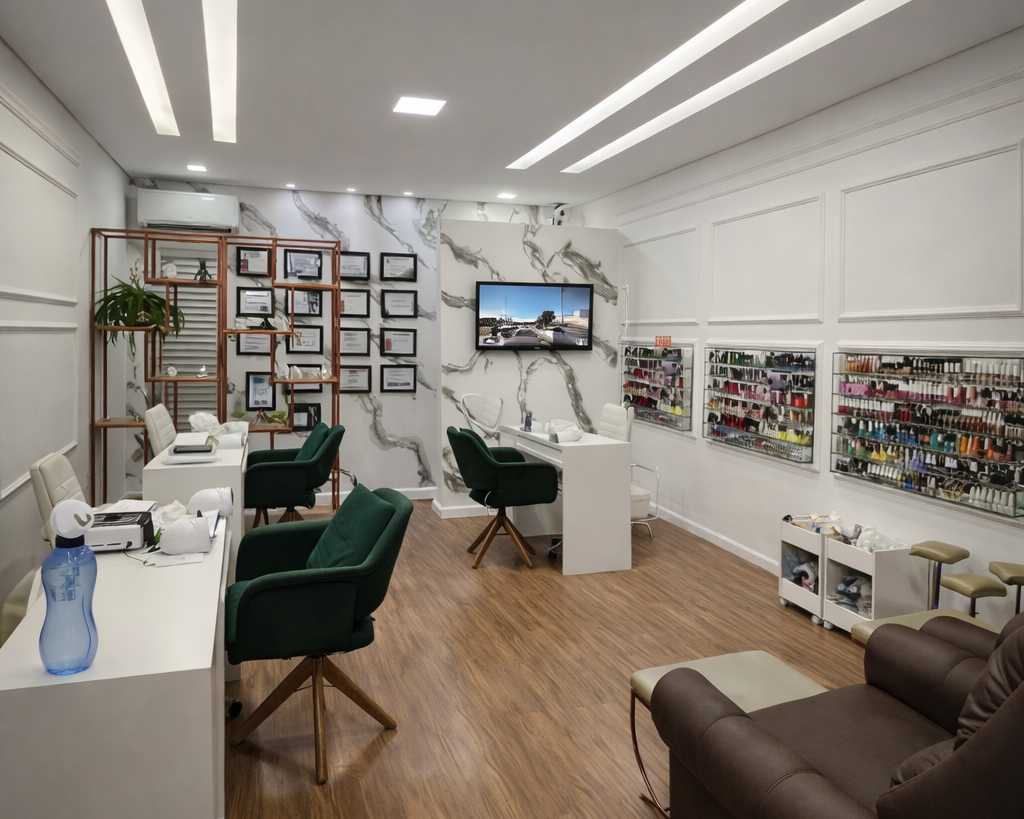 Visão geral de salão de estética em Contagem com cadeiras, espelhos e iluminação moderna