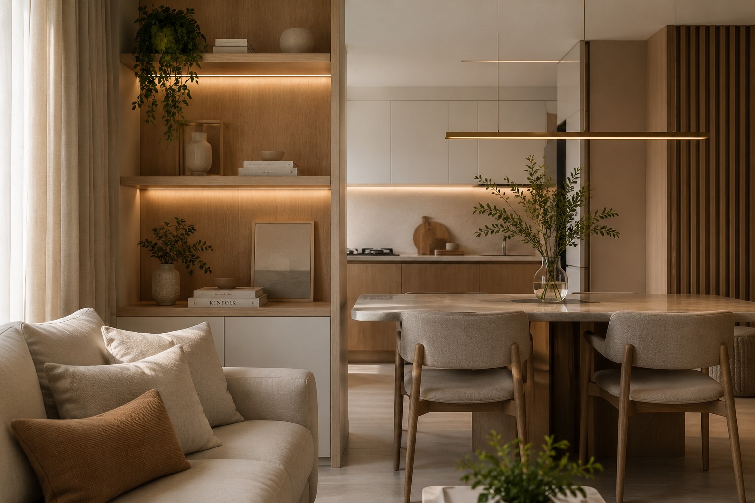 Ambiente contemporâneo integrado com marcenaria planejada e iluminação acolhedora