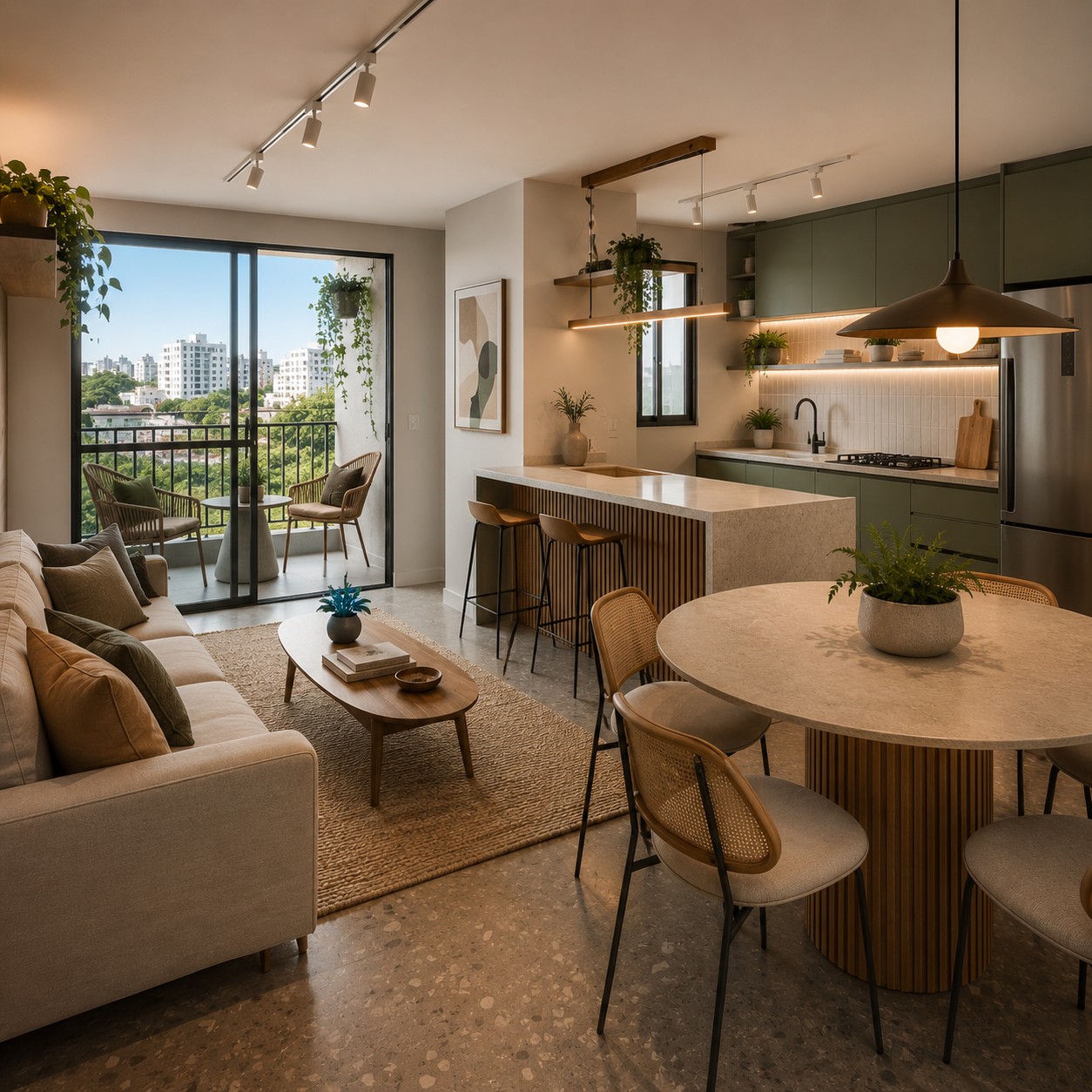 Sala integrada com cozinha contemporânea em apartamento compacto de Belo Horizonte, com iluminação natural, varanda integrada e móveis planejados em madeira clara.