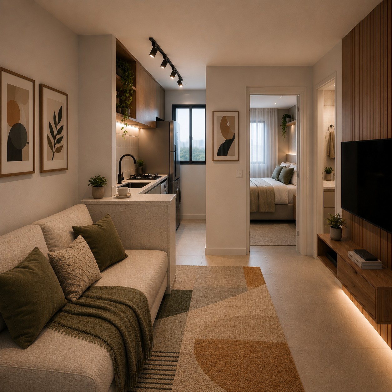Apartamento compacto contemporâneo com cozinha integrada, painel ripado, iluminação acolhedora e tapete decorativo em Belo Horizonte.