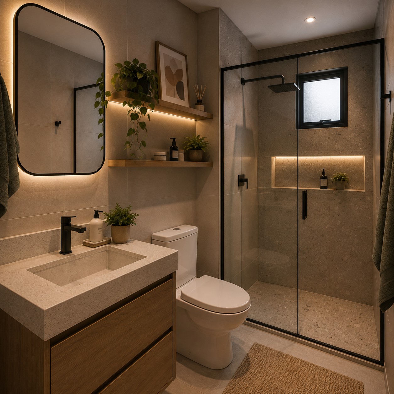Banheiro pequeno moderno e acolhedor com marcenaria em madeira natural, iluminação quente indireta e box em vidro preto em apartamento contemporâneo brasileiro.