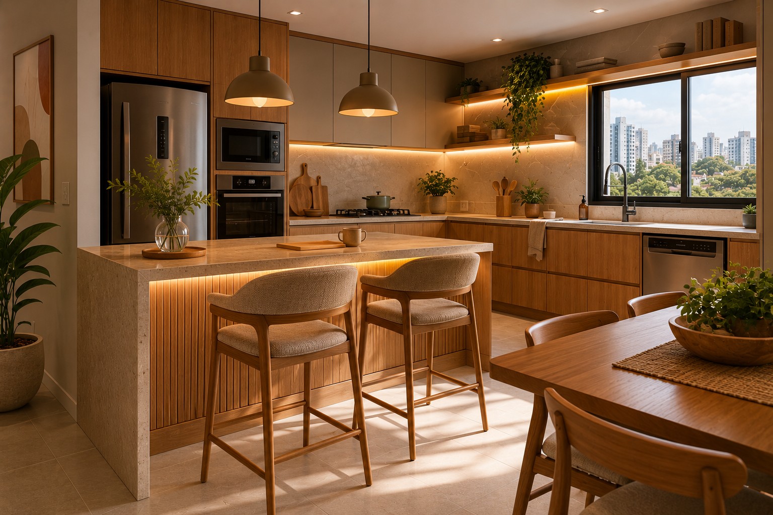 Cozinha integrada planejada com marcenaria contemporânea em apartamento compacto em Contagem