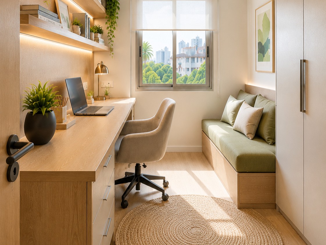 Home office planejado para apartamento compacto com marcenaria funcional em Contagem
