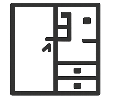 Ícone minimalista representando organização espacial, circulação inteligente e distribuição funcional de ambientes em apartamentos compactos.