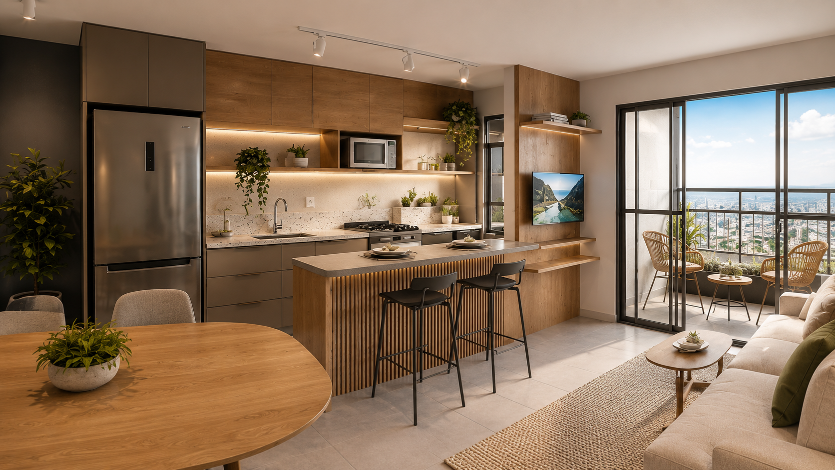 Projeto de interiores contemporâneo para apartamento compacto em Belo Horizonte com cozinha integrada, marcenaria planejada, iluminação natural e varanda gourmet.