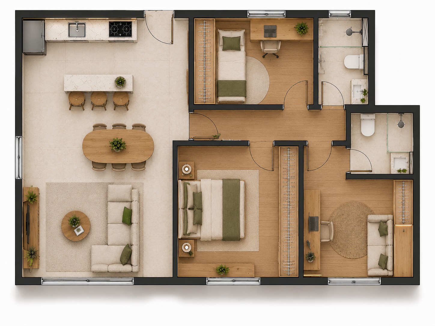 Planta baixa humanizada de apartamento compacto contemporâneo com ambientes integrados