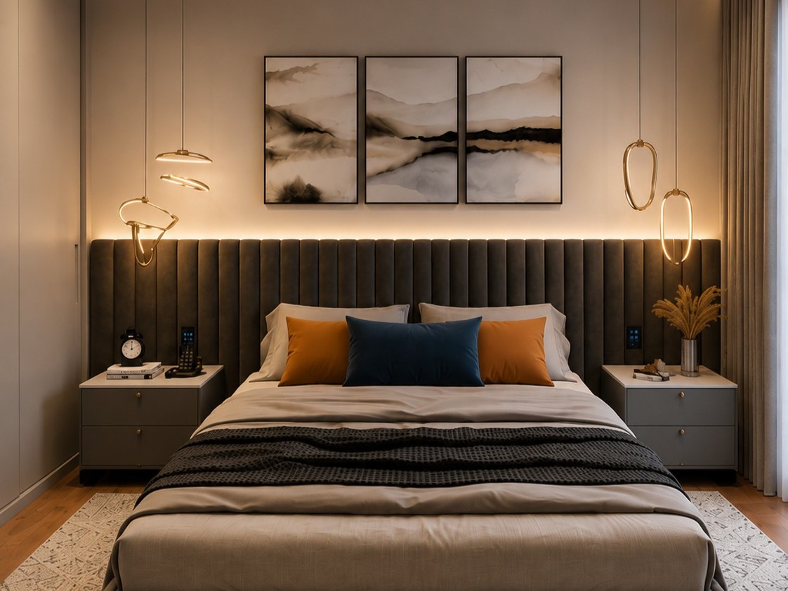 Quarto contemporâneo planejado com iluminação aconchegante em apartamento em Belo Horizonte