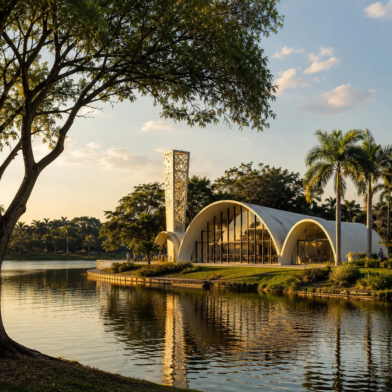 Vista contemplativa da Pampulha em Belo Horizonte com arquitetura moderna brasileira, lago e atmosfera residencial sofisticada.