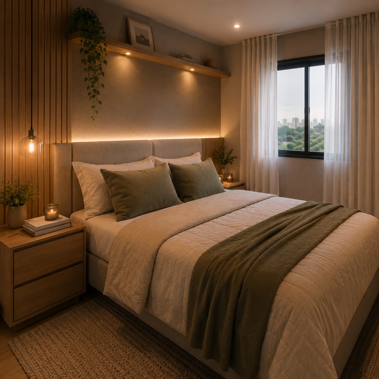 Quarto de casal acolhedor com painel ripado, iluminação quente, madeira clara e decoração contemporânea em apartamento compacto de Belo Horizonte.