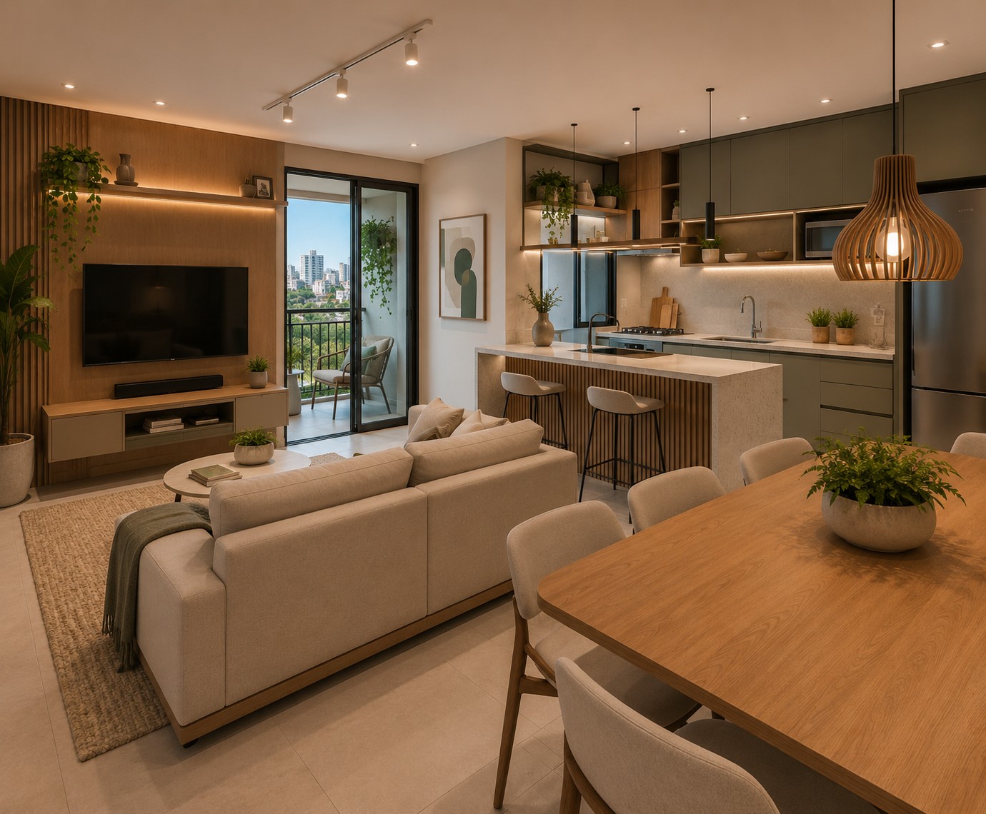 Projeto de design de interiores para apartamento contemporâneo com cozinha integrada, sala de estar e marcenaria planejada em Belo Horizonte