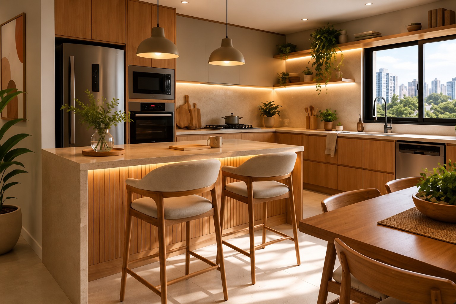 Cozinha integrada em apartamento contemporâneo projetado pela Kaiza Interiores com móveis planejados, marcenaria sob medida e design de interiores em Belo Horizonte.